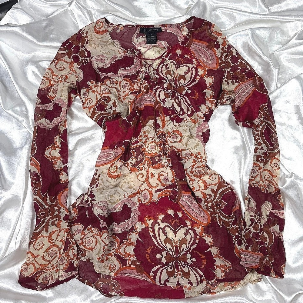 y2k vintage The Limited Blouse Burgundy Fair Silk Paisley Lace Up Top